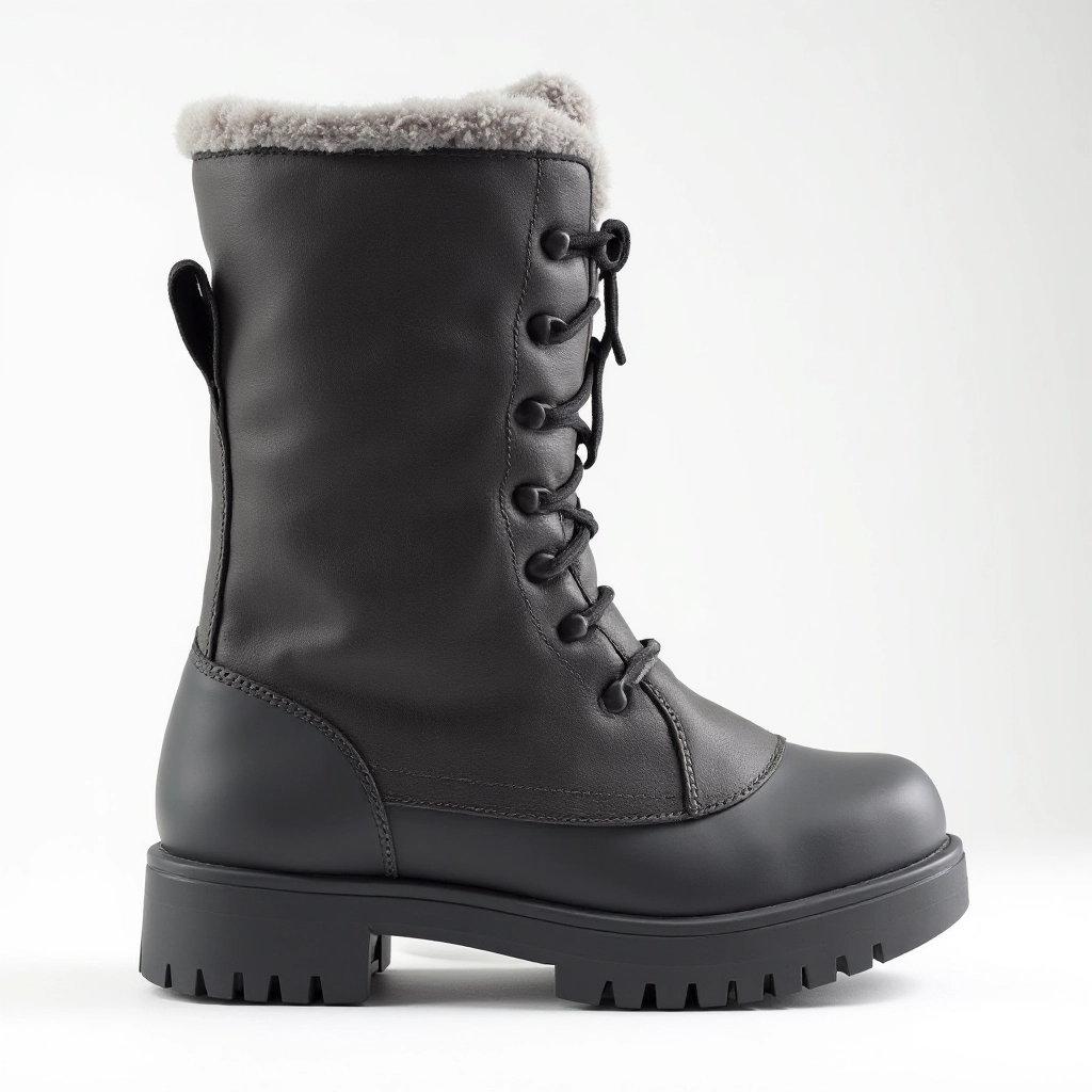 Charcoal leather and nubuck insulated winter boot with waterproof membrane, side profile view showing full boot construction