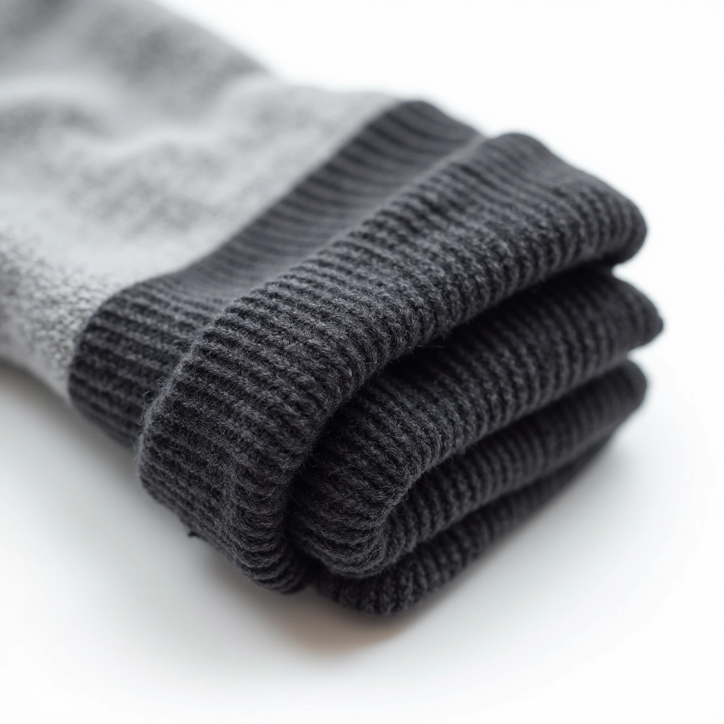 Close-up detail of charcoal wool blend thermal socks showing merino fiber texture and reinforced heel stitching pattern