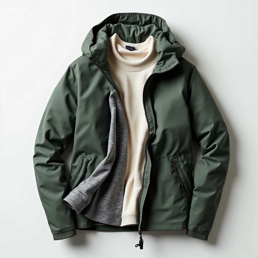 Three layers displayed together showing base layer, mid-layer fleece, and outer winter jacket system