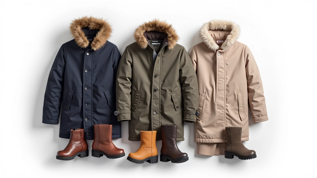 Flat lay showing three-layer winter outfit system with base layer, insulating mid-layer, and protective outer shell arranged together