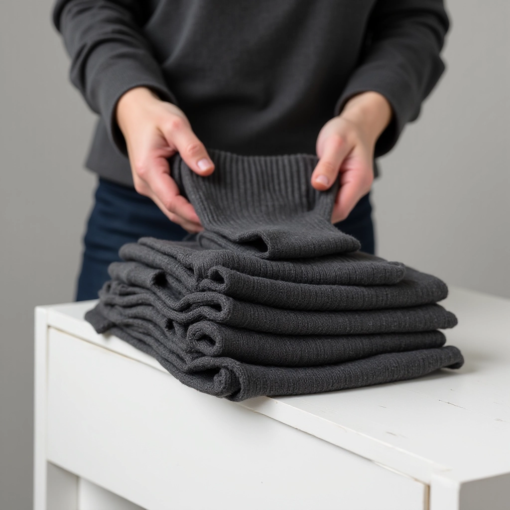 Charcoal wool blend thermal socks being folded neatly and placed into a drawer for storage
