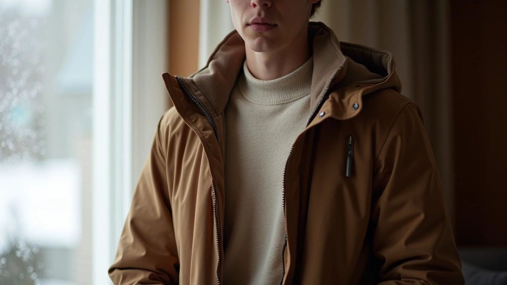Merino Wool Base Layer Crew in natural color worn under winter clothing, thermal insulation visible