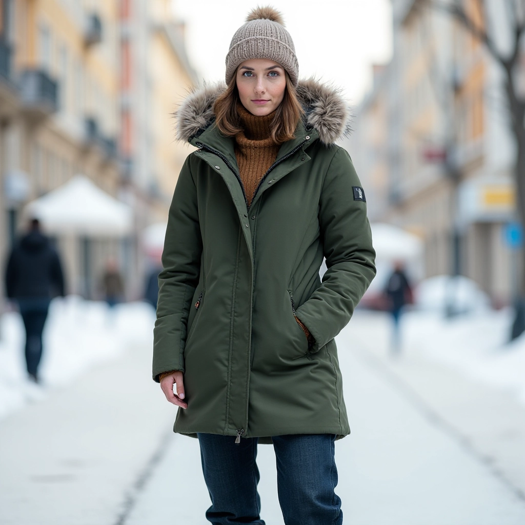Person wearing forest green parka over merino wool base layer, demonstrating layering capability and tailored fit in urban setting