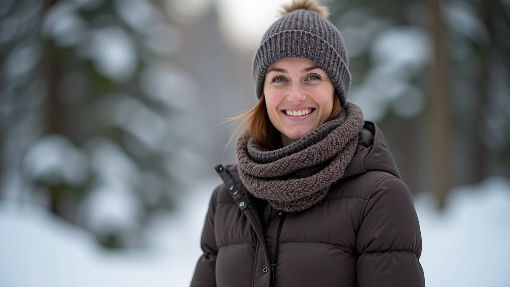 Person wearing complete winter layering system including base layer, insulated parka, and winter accessories, outdoor snowy environment