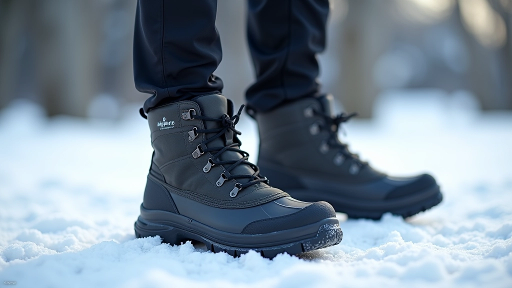 Alpine Insulated Winter Boots in charcoal displayed on snowy ground with frost crystals visible